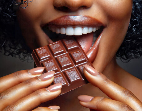 Joyful woman with a beautiful smile producing endorphins as she bits a chocolate board.