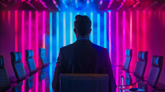 A businessman in a powerful suit leading a meeting in a neon-lit boardroom