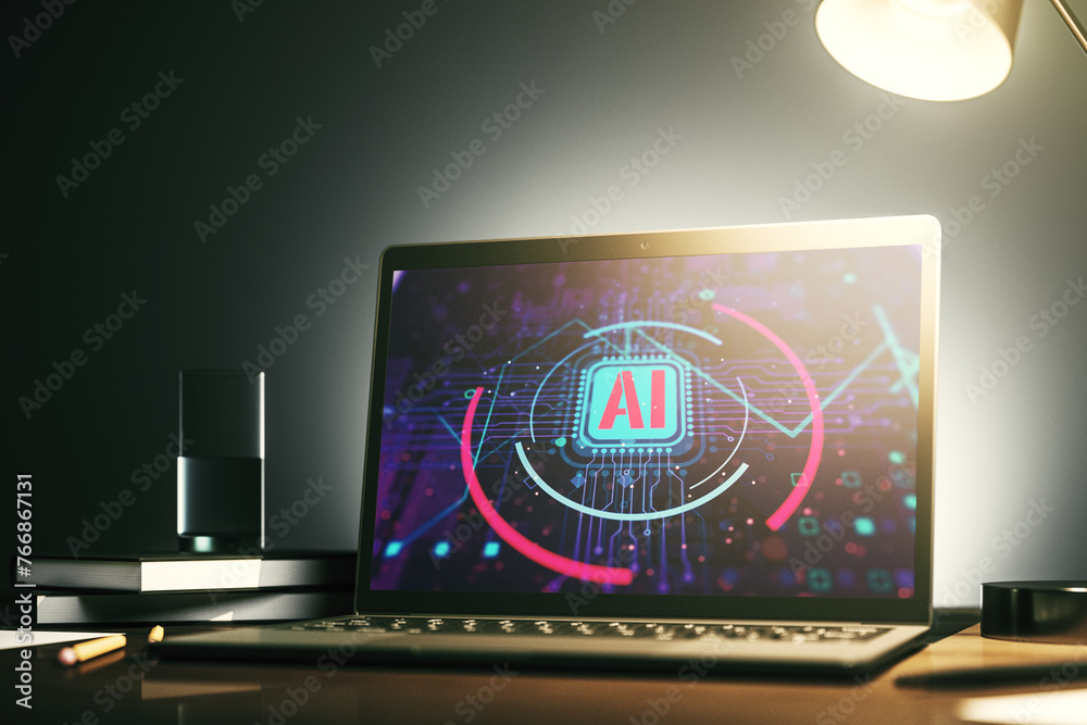 Poster Computer monitor with creative artificial Intelligence abbreviation. Future technology and AI concept. 3D Rendering
