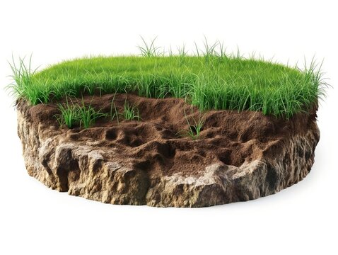 A detailed cross-section cutaway showing lush green grass and rich underlying soil layers.