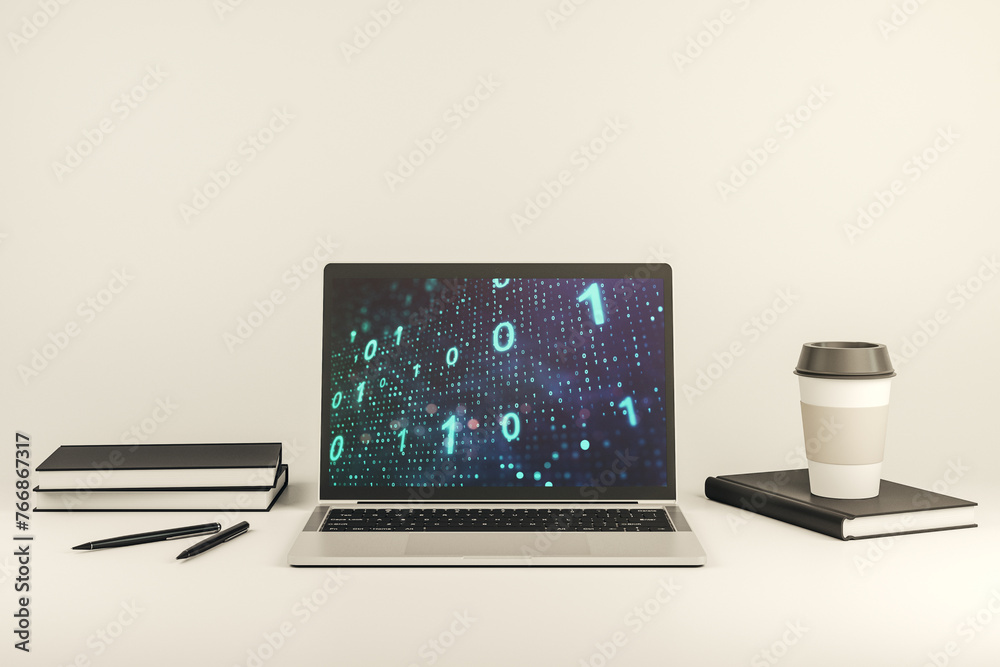 Aufkleber Creative abstract binary code sketch on modern laptop monitor, hacking and matrix concept. 3D Rendering