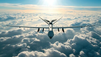 Unmanned military drone flying in the sky above the clouds, American technology, Concept: military reconnaissance drone. - obrazy, fototapety, plakaty