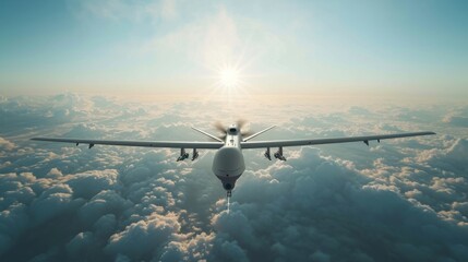 Unmanned military drone flying in the sky above the clouds, American technology, Concept: military reconnaissance drone. - obrazy, fototapety, plakaty