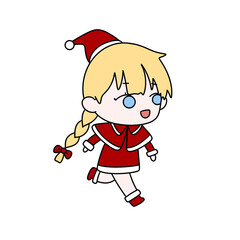 A cartoon girl in a red dress with a red hat and a red bow in her hair. She is smiling and she is happy