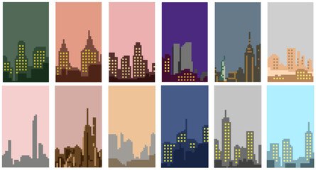 set of pixel art city retro game 8 bit 16 bit Illustration in retro style of city pixel background, pixel art background © Xharites