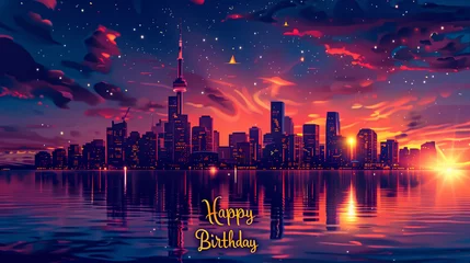 Gardinen Vibrant sunset skyline birthday card © saulo_arts