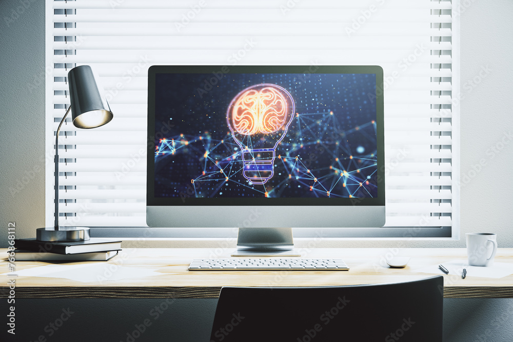 Poster Creative light bulb with human brain hologram on modern laptop monitor, artificial Intelligence and neural networks concept. 3D Rendering