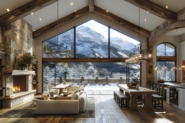 A cozy living room with a fireplace, large window showcasing mountain views, wooden fixtures, and a rustic interior design - obrazy, fototapety, plakaty