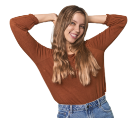 Studio portrait of a blonde Caucasian woman stretching arms, relaxed position.