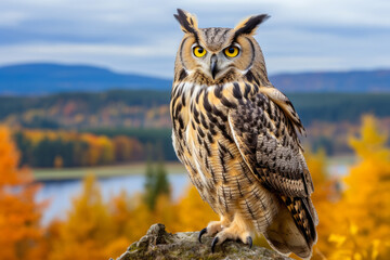 eurasian eagle owl sitting on stump