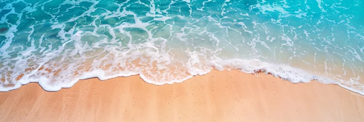 Zelfklevend Fotobehang Coast with waves as a background from top view. Blue water background from drone. Summer seascape from air. Travel - image © pinkme