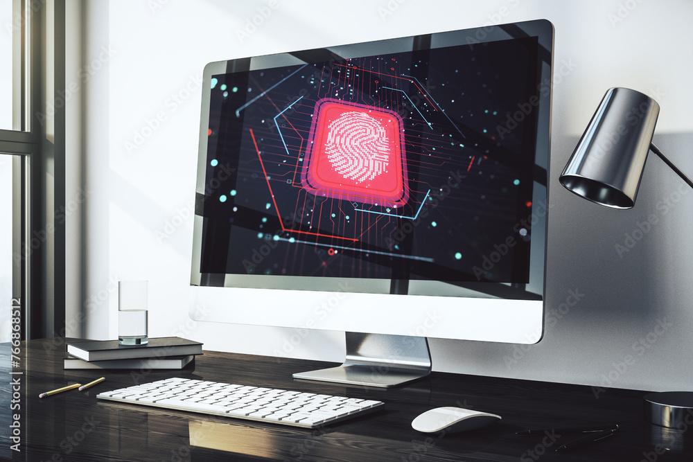 Fototapete Computer monitor with abstract fingerprint scan interface, digital access concept. 3D Rendering