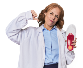 Mid-aged Caucasian podiatrist in studio feels proud and self confident, example to follow.