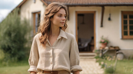 Fototapeta premium Natural beautiful Caucasian young woman with brown hair, wearing beige linen outfit, looking at camera, sustainable countryside lifestyle, slow fashion concept
