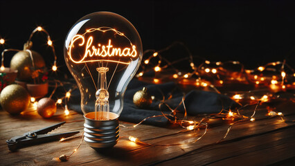 Joyous Shine: Light Bulb with 'Christmas' Filament Spreads Cheer in the Shadowy Black