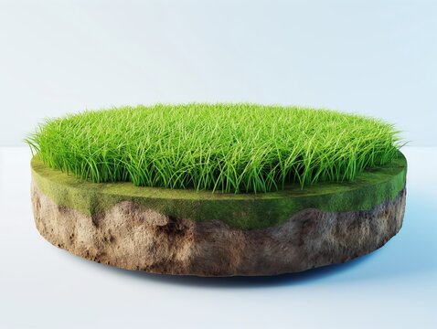 A detailed cross section of grass turf with visible soil layers against a white background, embodying growth and environment.