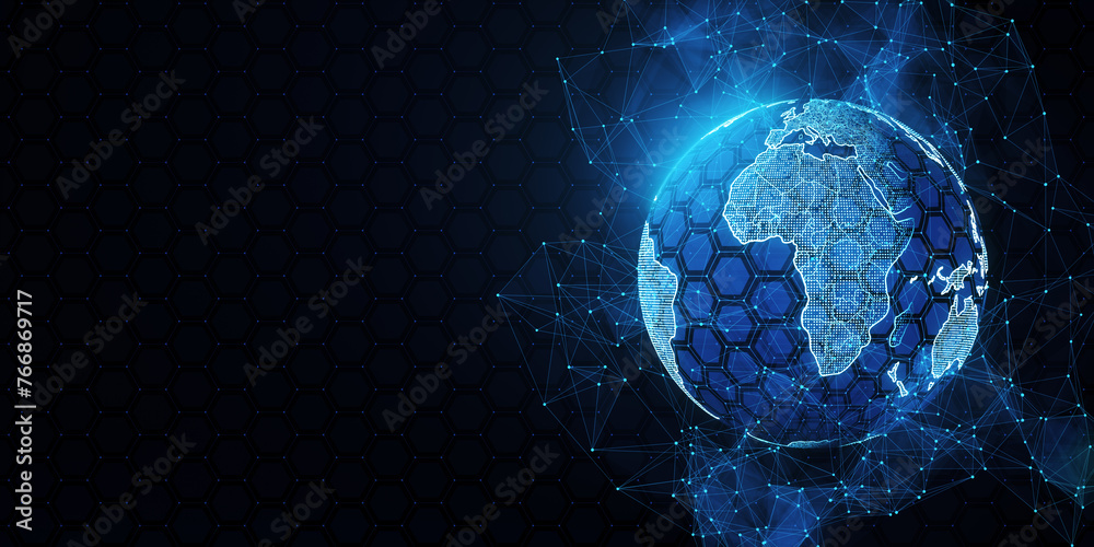 Poster Creative glowing futuristic blue globe hologram on blurry backdrop with mock up place. Digital innovation and technology concept. 3D Rendering.