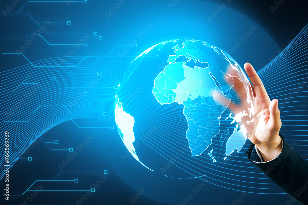 Aufkleber close up of businessman hand using glowing futuristic blue globe hologram on blurry background. digi