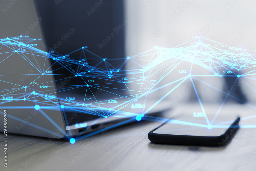 Poster close up of workplace with laptop, smartphone and creative glowing polygonal interface on blurry bac