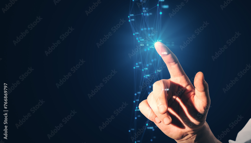 Aufkleber close up of man hand using creative polygonal interface. business screen, push and select concept. m