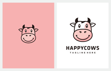 Funny Head and Smile Cow Cartoon, Happy Funny Cow logo design illustration