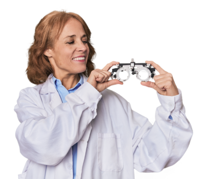 Dedicated ophthalmologist with test glasses, focused on optimal eye health