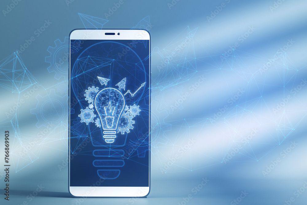 Poster close up of smartphone with daylight and glowing blue lightbulb, cogwheel and arrow hologram on poly