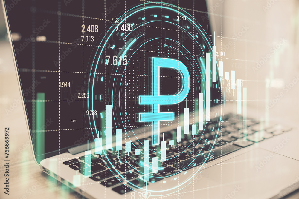 Poster close up of laptop with creative round ruble hologram on blurry grid background with forex chart. on
