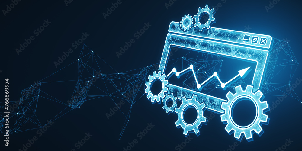 Poster Abstract digital computer folder with cogs, polygonal mesh and arrows. Project Management icon, data management, folder, project goals, task management concept. 3D Rendering.