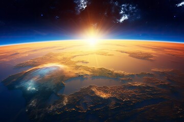 Fototapeta na wymiar Panoramic view of the Earth, sun, star and galaxy. Sunrise over planet Earth, view from space - generative ai