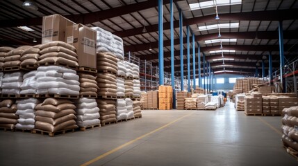  Stock of coffee in modern big warehouse