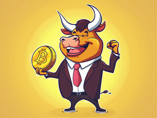 Drawing of a happy successful bull dressed in a business suit holding a Bitcoin coin - 766870100