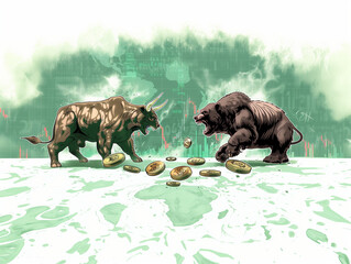 Drawing of a bear and a bull standing face to face with bitcoin coins between them - 766870118