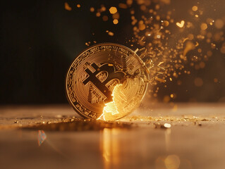 Bitcoin coin cracked with light and gold particles coming out of it - 766870120