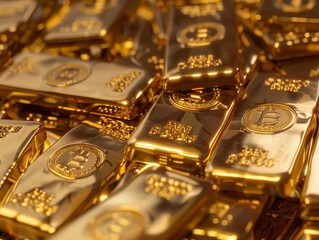 Gold bars with the Bitcoin symbol on it - 766870131
