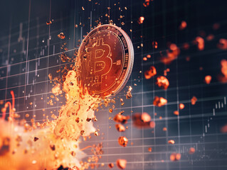 Bitcoin coin blasting fire flying upwards with market charts behind - 766870134