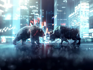 Illustration of a bear and a bull standing face to face in a financial district with market chart behind them - 766870138