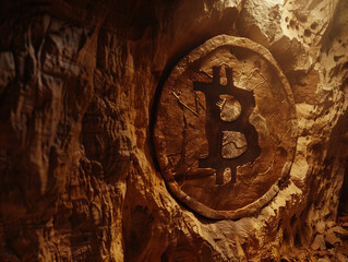Bitcoin symbol carved on a cave wall - 766870143