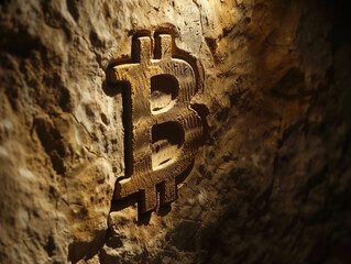 Concept image of a Bitcoin symbol graved in a cave wall - 766870152