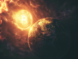 Bitcoin coin on fire approaching Planet Earth - 766870164