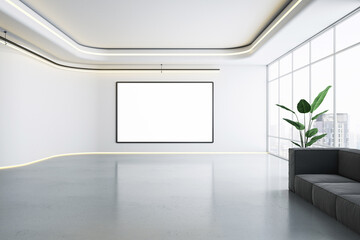 Bright expansive lobby with sleek design and poster mockup, illuminated accents. 3D Rendering