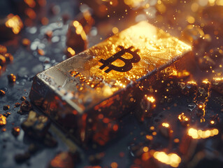 Butcoin 2.0 concept image with a gold bar and golden dust particles around it - 766870167