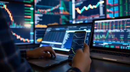 Fototapeta premium person is engaged in monitoring financial data. They are using both a smartphone and a laptop, with additional larger screens in the background