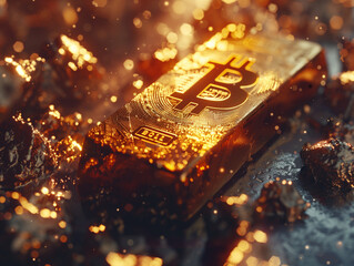 Gold bar with bitcoin symbol on it - 766870177