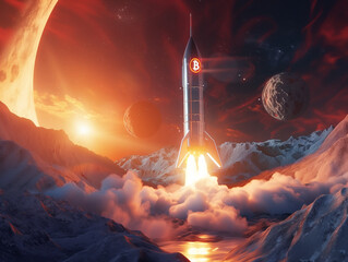 Bitcoin rocket launching in space - 766870187