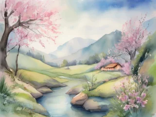 Zelfklevend Fotobehang 桜咲く春の景色のイラスト Generative AI © newmin