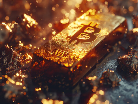 Gold bar with bitcoin symbol on it