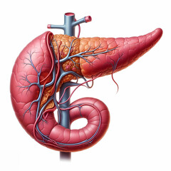 Illustration showing human pancreas anatomy on a white background, isolated. - obrazy, fototapety, plakaty