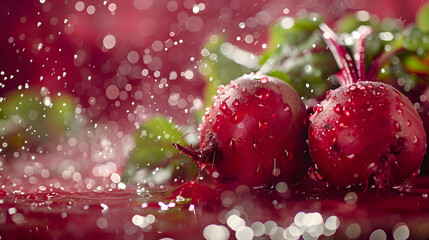 Fresh red beets with water droplets on a vibrant red background - obrazy, fototapety, plakaty