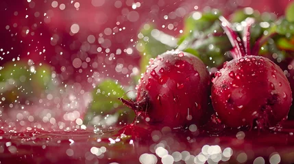 Fotobehang Fresh red beets with water droplets on a vibrant red background © PLATİNUM
